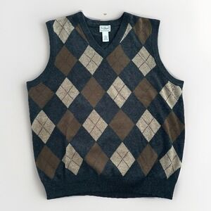 LL Bean Sweater Vest Mens XL Brown Argyle 100% Lambswool Classic Outdoor Casual